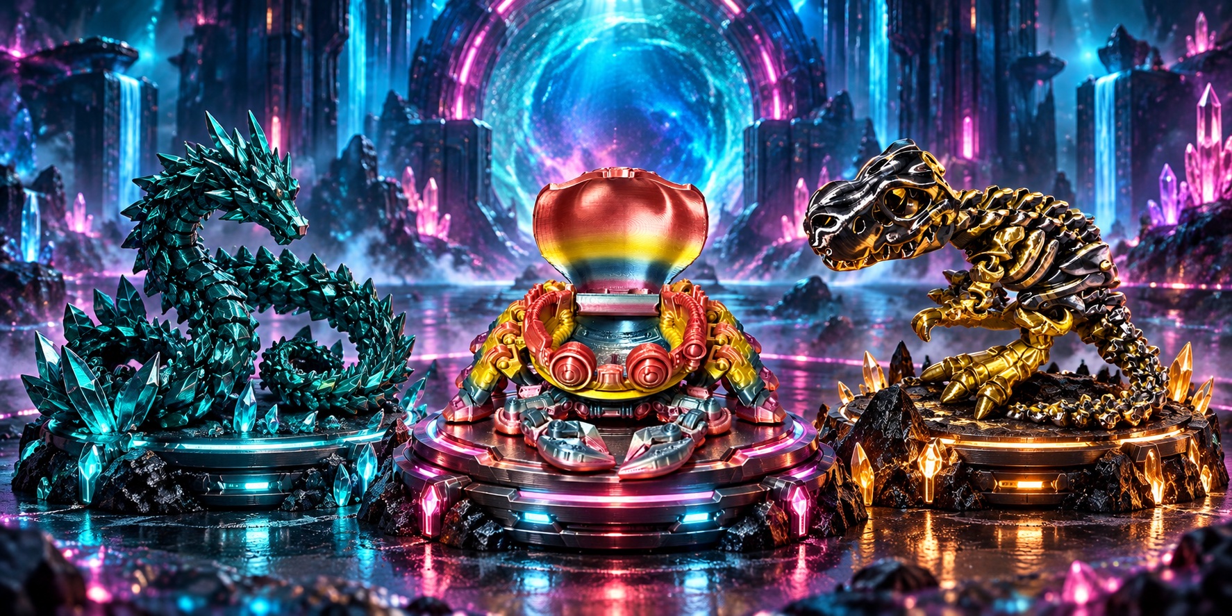 Creative 3D studio scene inspired by a real cyber crab, skeleton T-rex, and crystal dragon from the collection